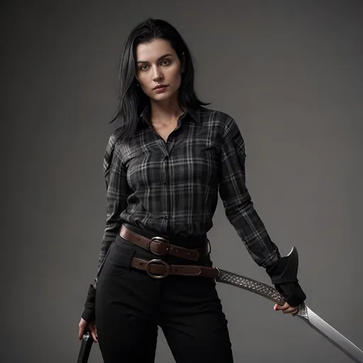 Prompt: beautiful caucasian woman in late 20s. shoulder-length black hair.  no makeup. black trousers. black boots. grey plaid shirt. black sword-belt. sword in right hand. 
white background. looking left. 