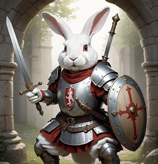 Prompt: A white rabbit in medieval armor with sword and shield