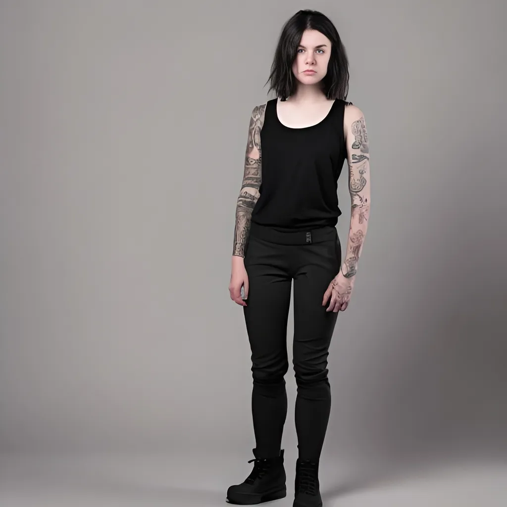 Prompt: dark haired young woman with tatooed slieve wearing a grey singlet and black trousers with black boots - white background