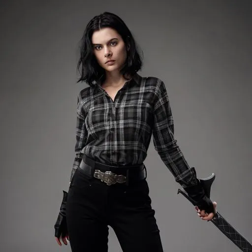 Prompt: beautiful caucasian woman in late 20s. shoulder-length black hair.  no makeup. black trousers. black boots. grey plaid shirt. black sword-belt. sword in right hand. 
white background. looking left. 