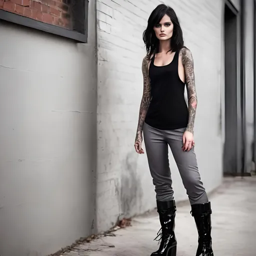 Prompt: dark haired beautiful woman with tatooed sleive in grey singlet and black trousers with black boots