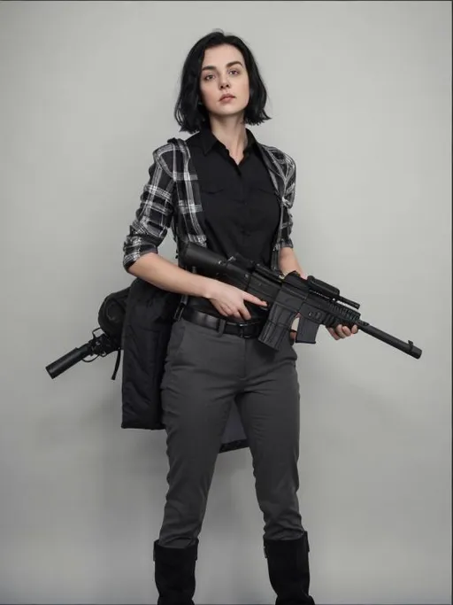 Prompt: beautiful caucasian woman in late 20s. shoulder-length black hair.  no makeup. black trousers. black boots. grey plaid shirt.
white background. standing, with gun