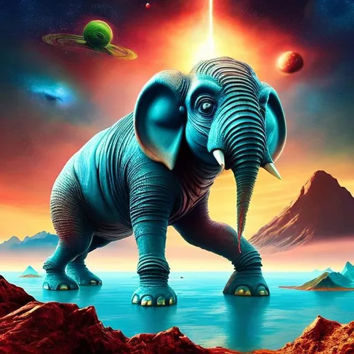 Prompt: a dangerous  alein looking like a big elephant with dragon skin coming out of sky blue water on its two legs with a redish sky background and distant mountains and planets in the sky, while fish like other creatures are running away