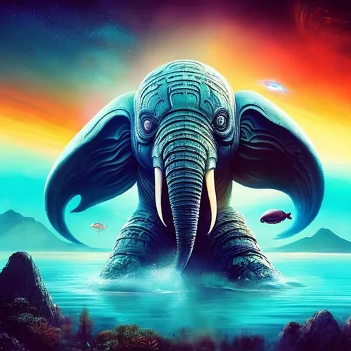 Prompt: a dangerous  alein looking like a big elephant coming out of a spaceship surrounded, sky blue water on its two legs with a redish sky background and distant mountains and planets in the sky, while fish like creatures are running away