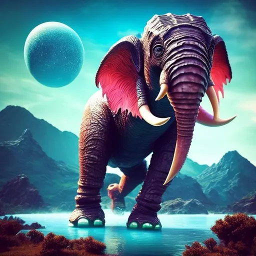 Prompt: a dangerous  alein looking like a big elephant with dragon skin coming out of sky blue water on its two legs with a redish sky background and distant mountains and planets in the sky, while fish like other creatures are running away