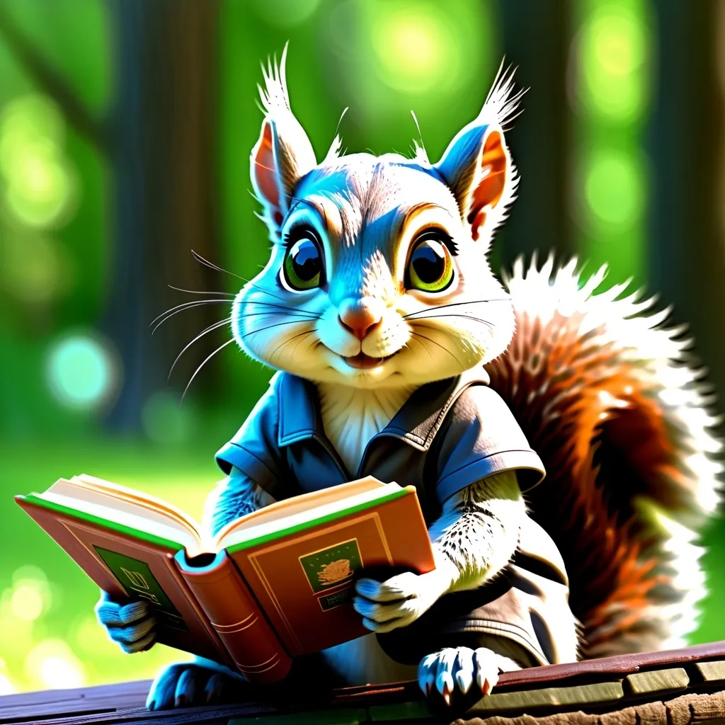 Prompt: adorable nerdy female squirrel, conservative fun, pretty, loves books, green eyes