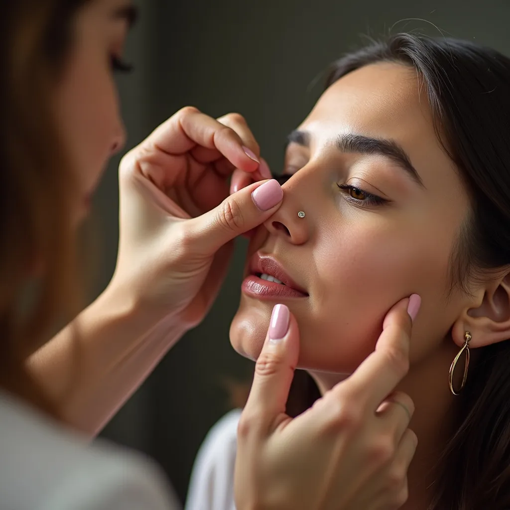 Prompt: A woman getting her nose pierced