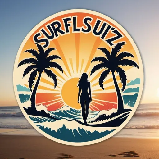 Prompt: surfslutz surf wax logo wave palm tree sun pretty girl