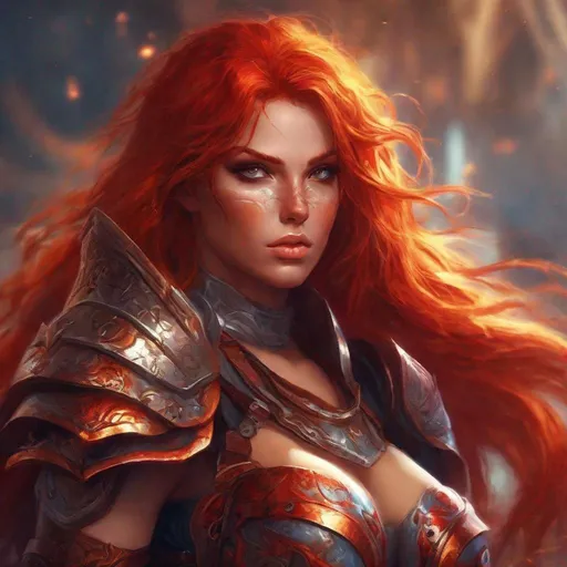 Prompt: Curvy fantasy warrior with fiery red hair, skimpy armor, detailed metallic materials, high fantasy, vibrant colors, dynamic pose, intense gaze, digital painting, highres, detailed, fantasy, fiery tones, dynamic lighting