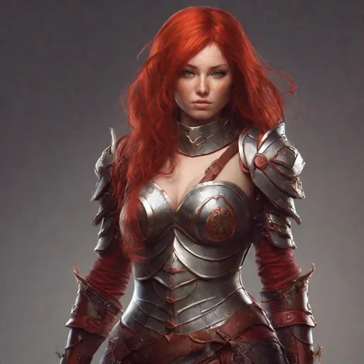Prompt: fantasy human red hair skimpy armor curvy