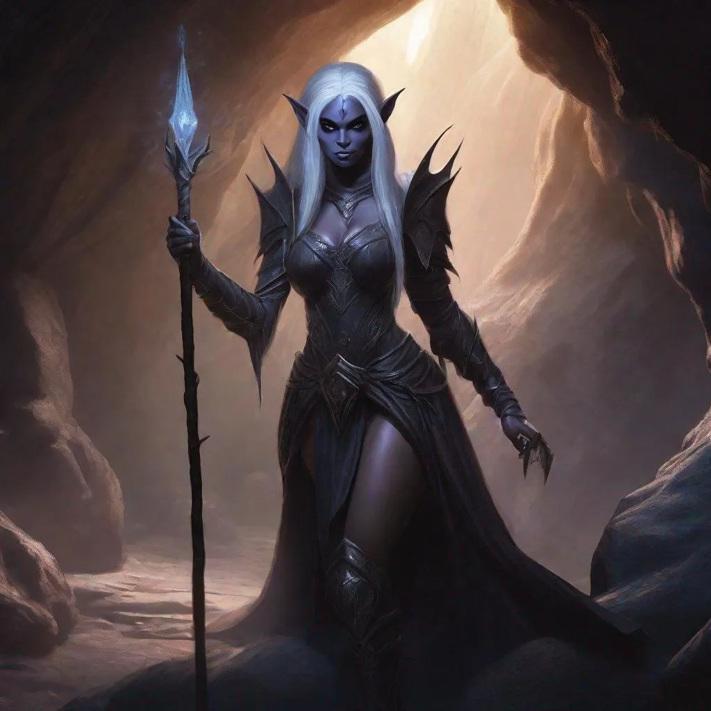 Prompt: Curvy fantasy illustration of a female dark elf, highres, detailed, atmospheric lighting, in a cave, holding a magic staff