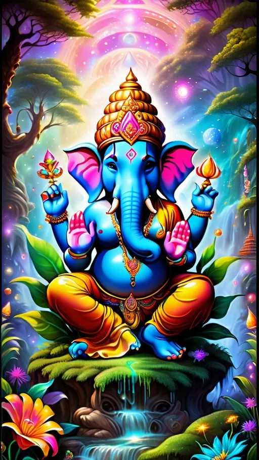 Prompt: Create a 3D psychedelic, vibrant, and colorful image of Lord Ganesh, colorful tattoos on face, trunk, ears and chest. He also has very beautiful jewelry adorned with colorful gems and crystals. Setting within an intricate and trippy and psychedelic ornate astral plane, surrounded by otherworldly sentient elephants which are playing games and riding bizarre bicycles among other whimsical activities.
everything is in surreal landscape with trees, mushrooms and flowers of another dimension. There are a few small bright and glittering Tinkerbell like fairies surrounding ganesh. Surround the deity with cosmic patterns, fractals, and ethereal elements that evoke a transcendent and mystical atmosphere.