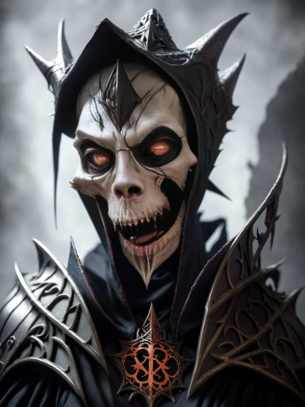 Prompt: overlord anime ainz ooal gown wears daedric armor and casts the ultimate spell, oil painting!!!, runes, overlord!!!, magic, dark, gloomy, portrait, character portrait, concept art, symmetrical, 4 k, macro detail, realistic shadows, bloom, cosplay, anime, dviant art