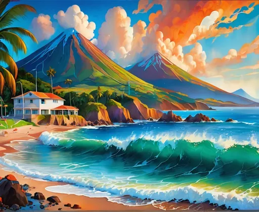 Prompt: Paradolia painting of beautiful landscape and coastal panorama with a volcano and large harbour in south America 