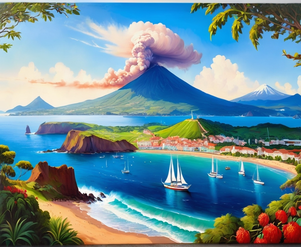 Prompt: Paradolia painting of beautiful landscape and coastal panorama with a volcano and large harbour in south America 