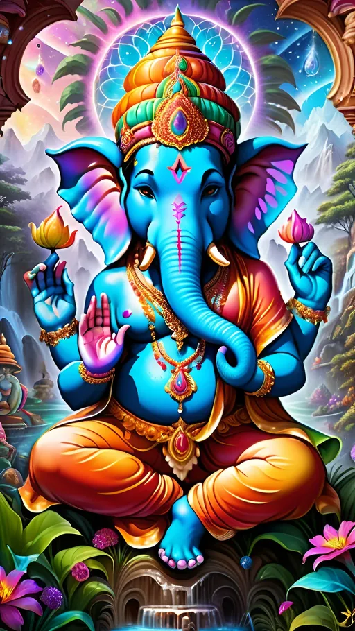 Prompt: Create a 3D psychedelic, vibrant, and colorful image of Lord Ganesh, colorful tattoos on face, trunk, ears and chest. He also has very beautiful jewelry adorned with colorful gems and crystals. Setting within an intricate and trippy and psychedelic ornate astral plane, surrounded by otherworldly sentient elephants which are playing games and riding bizarre bicycles among other whimsical activities.
everything is in surreal landscape with trees, mushrooms and flowers of another dimension. There are a few small bright and glittering Tinkerbell like fairies surrounding ganesh. Surround the deity with cosmic patterns, fractals, and ethereal elements that evoke a transcendent and mystical atmosphere.