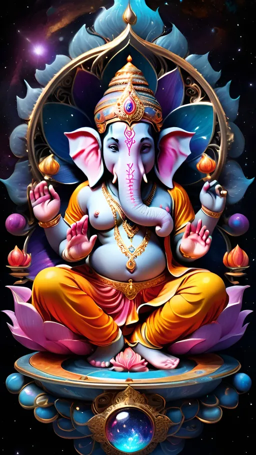 Prompt: Create a 3D psychedelic, vibrant, and colorful image of Lord Ganesh within an intricate and ornate astral plane, reminiscent of a DMT journey. Surround the deity with cosmic patterns, fractals, and ethereal elements that evoke a transcendent and mystical atmosphere.