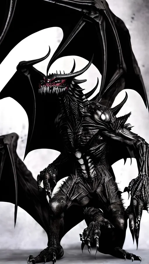 Prompt: Humanoid, human demon hybrid face, Dark male Lord of the underworld with wings and rows of razor teeth (terrifying and handsome in a dark way, murderous expression of pure evil, black skin and scales on some areas, reptile eyes, massive dragon wings with talons, raptor like legs with huge claws, demonic and ungodly, hyper realistic,  expansive horror background, hyper realistic, 8K --s99500