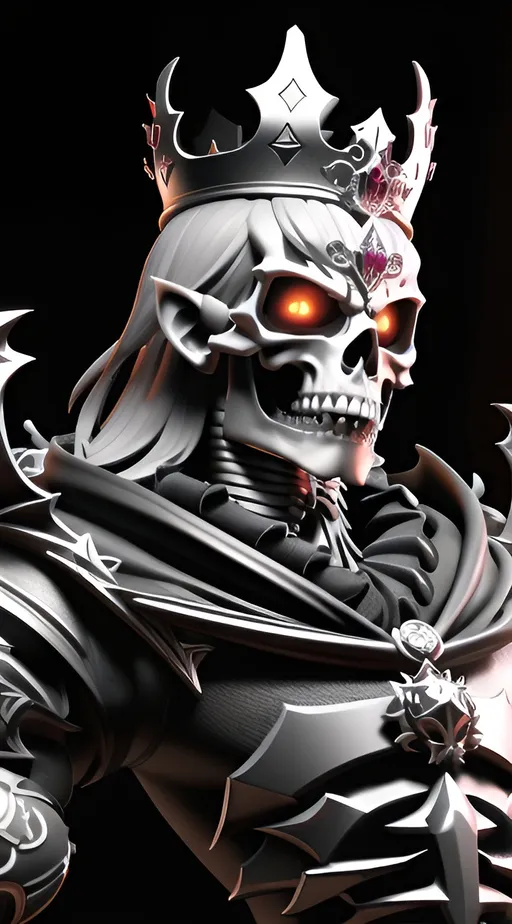 Prompt: skeleton king, ornate crown of bones, scary pose, evil eyes, fangs, satanic tattoos on face, super high detail 3d realistic, contour, fantastical, intricate detail, splash screen, complementary colors, nightmare concept art, 8k resolution, deviantart masterpiece, ultra realistic digital art 