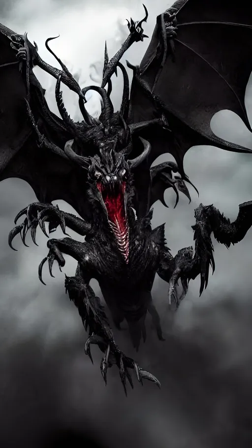 Prompt: Dark male Lord of the underworld with wings and rows of razor teeth (terrifying and handsome in a dark way, murderous expression of pure evil, black skin and scales on some areas, reptile eyes, massive dragon wings with talons, raptor like legs with huge claws, demonic and ungodly, hyper realistic,  expansive horror background, hyper realistic, 8K --s99500