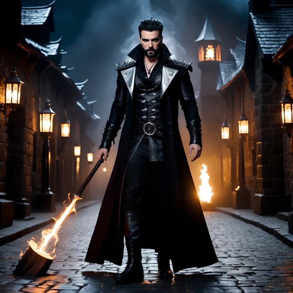 Prompt: 8K photo, cinematic, dark gothic horror , strikingly handsome white male Shadow Mage, black spike hair, two tone square beard, dark eyes, dark makeup, muscular build, black leather vest with spike shoulders and with silver runic markings, intricate face, black leather trenchcoat and boots, holding a twisted arcane staff with menacing flowing energy emitting from a black crystal at the top, nightscape, cobblestone lane, highly detailed