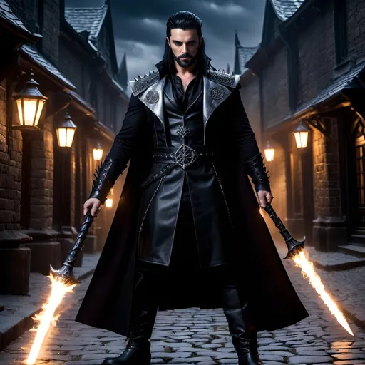 Prompt: 8K photo, cinematic, dark gothic horror , strikingly handsome white male Shadow Mage, black spike hair, two tone square beard, dark eyes, dark makeup, muscular build, black leather vest with spike shoulders and with silver runic markings, intricate face, black leather trenchcoat and boots, holding a twisted arcane staff with menacing flowing energy emitting from a black crystal at the top, nightscape, cobblestone lane, highly detailed