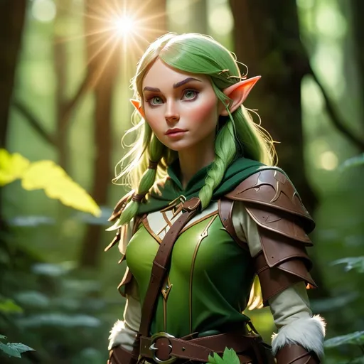 Prompt: Elf ranger in a mystical forest around sunlight