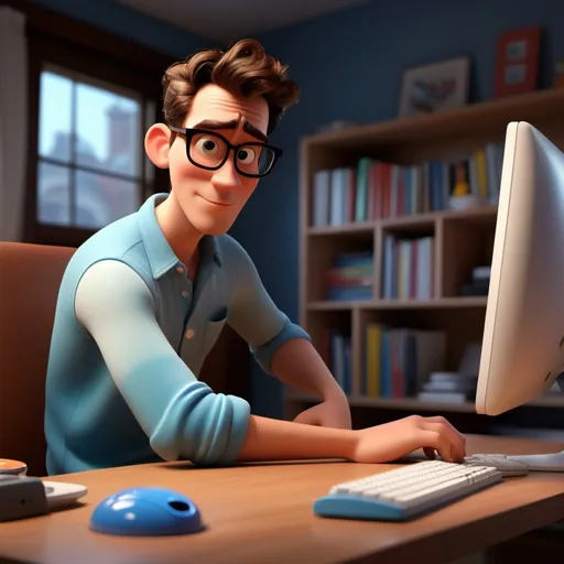 Prompt: Disney pixar character, 3d render style,man in front of a computer