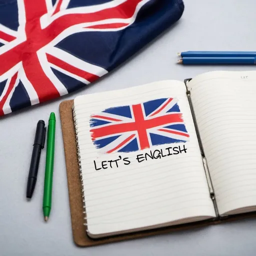 Prompt:  PHRASE WRITTEN IN THE NOTEBOOK : LET'S ENGLISH + BRITISH FLAG 


