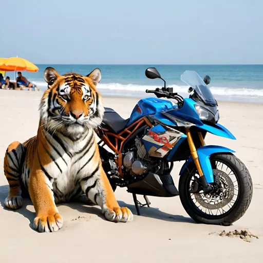 Prompt: A tiger sitting with a super bike on the beach 