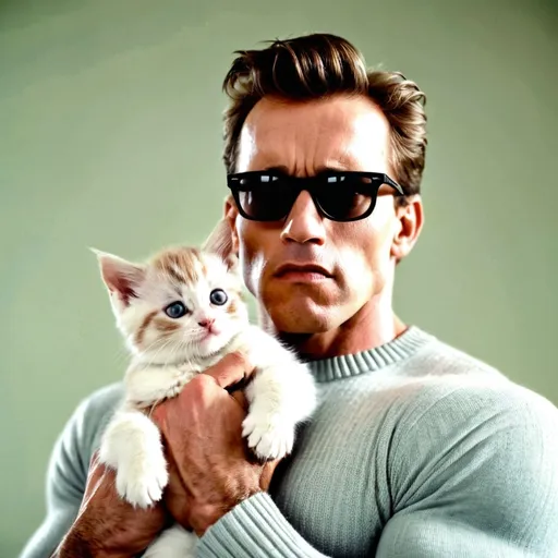 Prompt: male, cute, muscles, big chest, sweater, sunglasses, soft colors, pastel, holding kitten