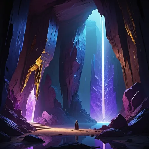 Prompt: Realistic cave like chasm, futuristic designs on the walls, dimly lit with shades of purple and blue, one tall obelisk stands in the left side of the screen made of gold but it's barely visible and the purple and blue lights can be seen reflecting off of it. Less light. Make it more of a dark cave 