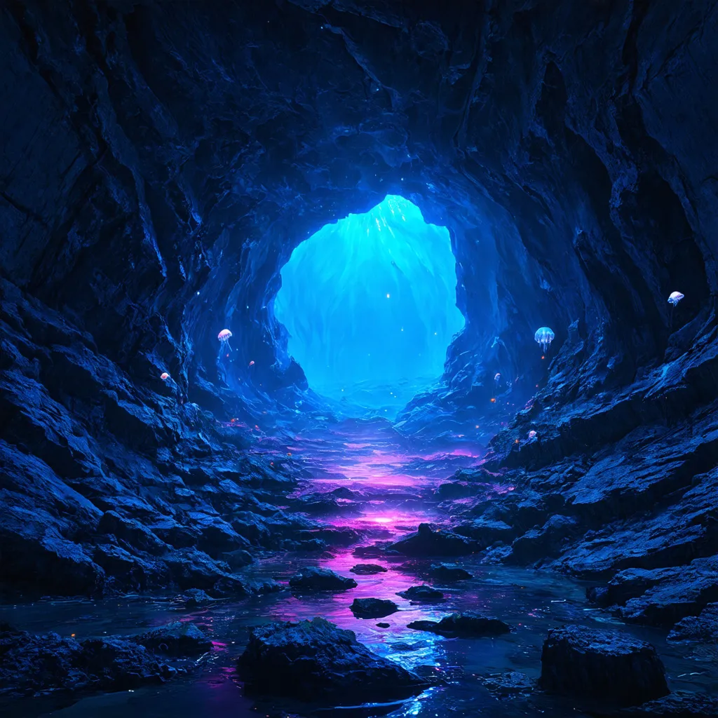 Prompt: A futuristic styled vast chasm dimly lit by neon pink blue colored lights seeping through. Cover the walls with cracks and make it look ancient. Have small floating jellyfish dot the inside of the chasm. 