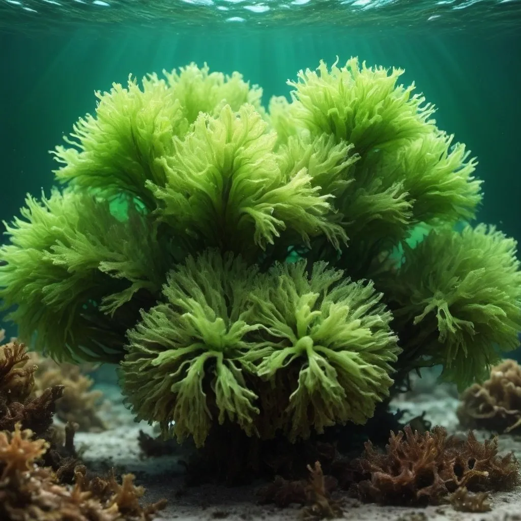 Prompt: create a super high resolution 3d image of sea moss underwater and green


