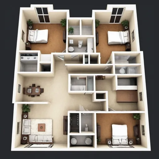 Prompt: Three apartment units each having two bedrooms in one floor. The has two elevators and one staircase. I need the floor plans.