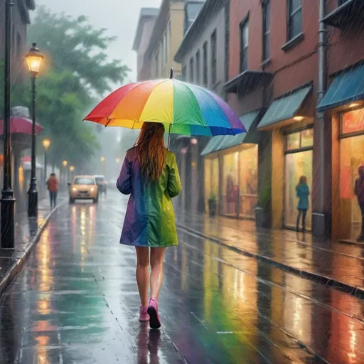 Prompt: Rainy day scene with girl walking holding rainbow-colored umbrella, wet pavement, high-quality, realistic, impressionist style, cool tones, soft lighting, detailed raindrops, colorful reflections, peaceful atmosphere