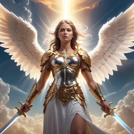 Prompt: A female warrior angel with a holy sword descending from the heavens