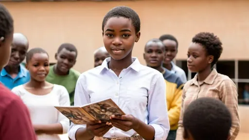 Prompt: A beautiful African high school girl with very short hair presenting her artwork in front of people 