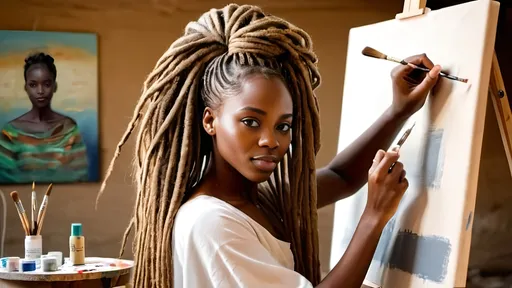 Prompt: Beautiful african girl with long beautiful temporary locs  with long gown who is painting on a canvas using a brush