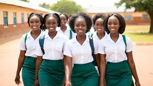Prompt: A group of beautiful african high school girls walking
