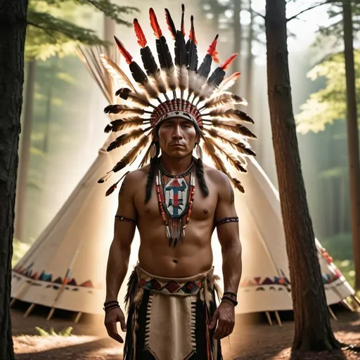 Prompt: (native American men) silhouette
, traditional attire, ceremonial headdresses, intricate beadwork and patterns, standing in a serene natural landscape, dense forest background with a  teepee, sunlight filtering through the trees, warm and vibrant colors, reverent and noble atmosphere, expressive and dignified facial features, photorealistic, ultra-detailed, 4K resolution, high depth and texture, cinematic lighting.