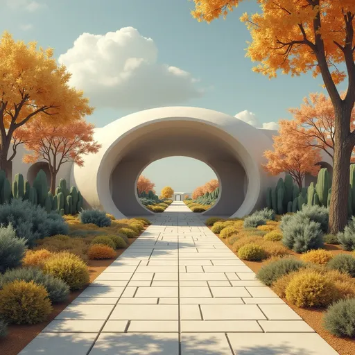 Prompt: make a reslistic geometric pathway to a circular observation platform inspired by toado Ando. use geometric shapes in the pathway.

