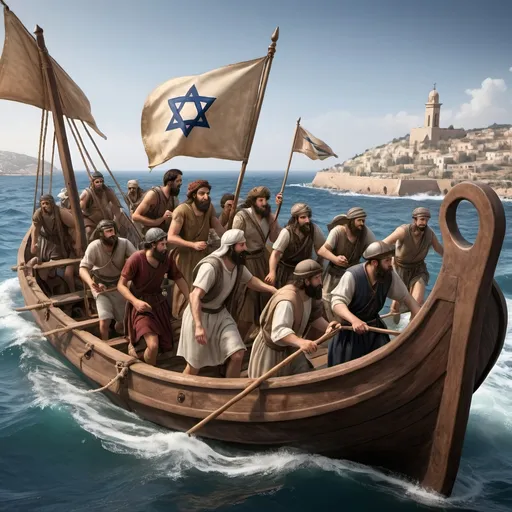 Prompt: please generate a photorealistic image of jews and phoenicians navigating on the mediterranean sea