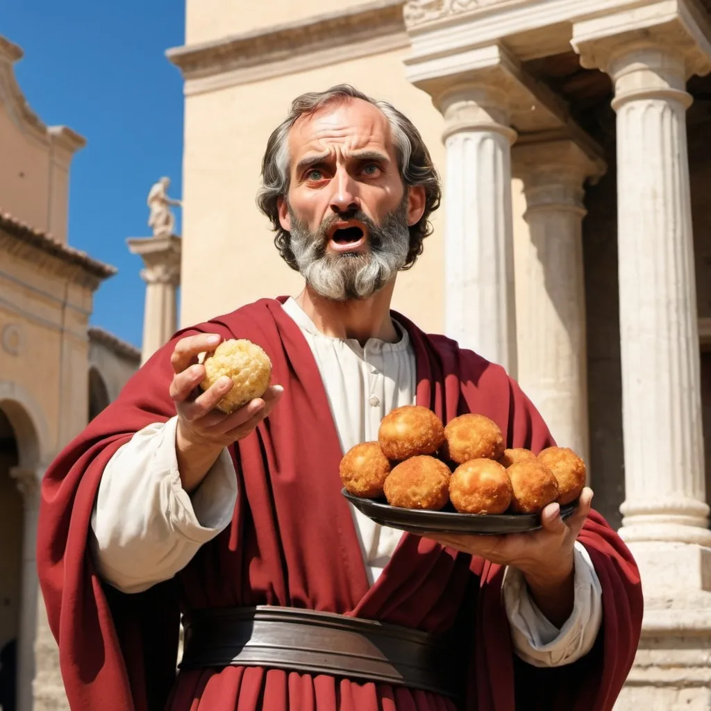 Prompt: please generate a realistic photo of the apostle Saint Paul preaching in the island of sicily and holding arancini in his hand