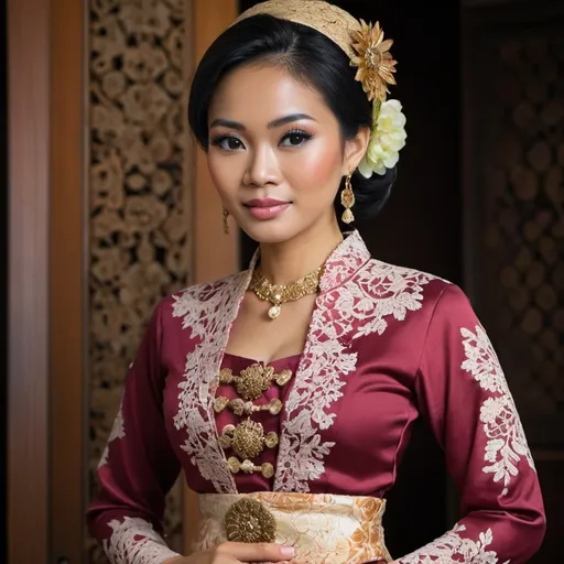 Prompt: In a traditional Javanese kebaya costume, the kebaya blouse is typically made of sheer fabric such as batik or brocade, intricately embroidered or decorated with lace. The blouse has a fitted bodice with long sleeves, often embellished with intricate patterns and motifs inspired by traditional Javanese culture. The neckline is usually high and collarless, with a row of delicate buttons running down the front. The kebaya blouse is worn tucked into a batik sarong or skirt, which is wrapped around the waist and secured with a sash or belt. The sarong or skirt is often brightly colored and intricately patterned, with designs ranging from floral motifs to geometric shapes. Completing the ensemble, women typically wear traditional Javanese jewelry such as earrings, necklaces, and hair ornaments, adding a touch of elegance and sophistication to the overall look.




