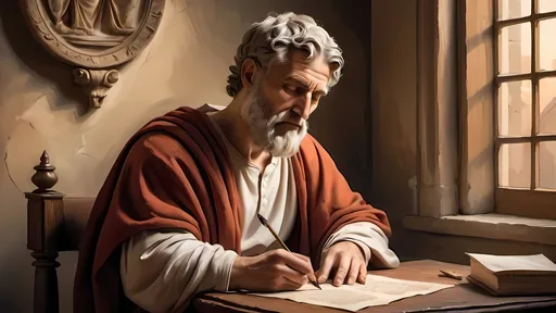 Prompt: Ancient Roman philosopher writing a letter, parchment and quill, aged and wise appearance, high-quality, oil painting, classical style, warm tones, soft lighting, intricate details, scholarly atmosphere