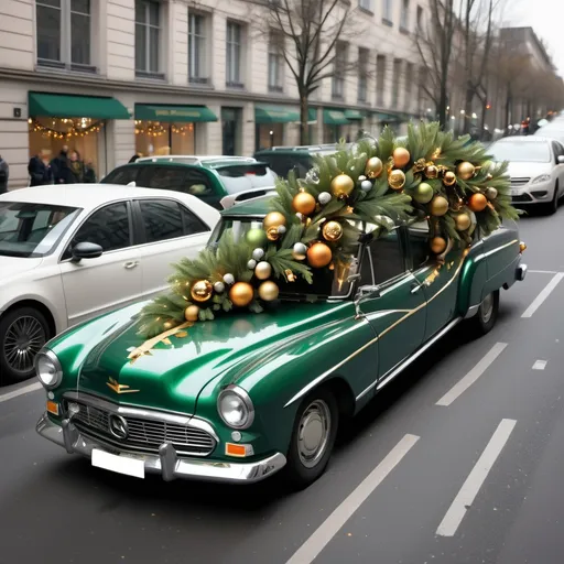 Prompt: Christmas cars with nice green and gold branches on two opposite sides