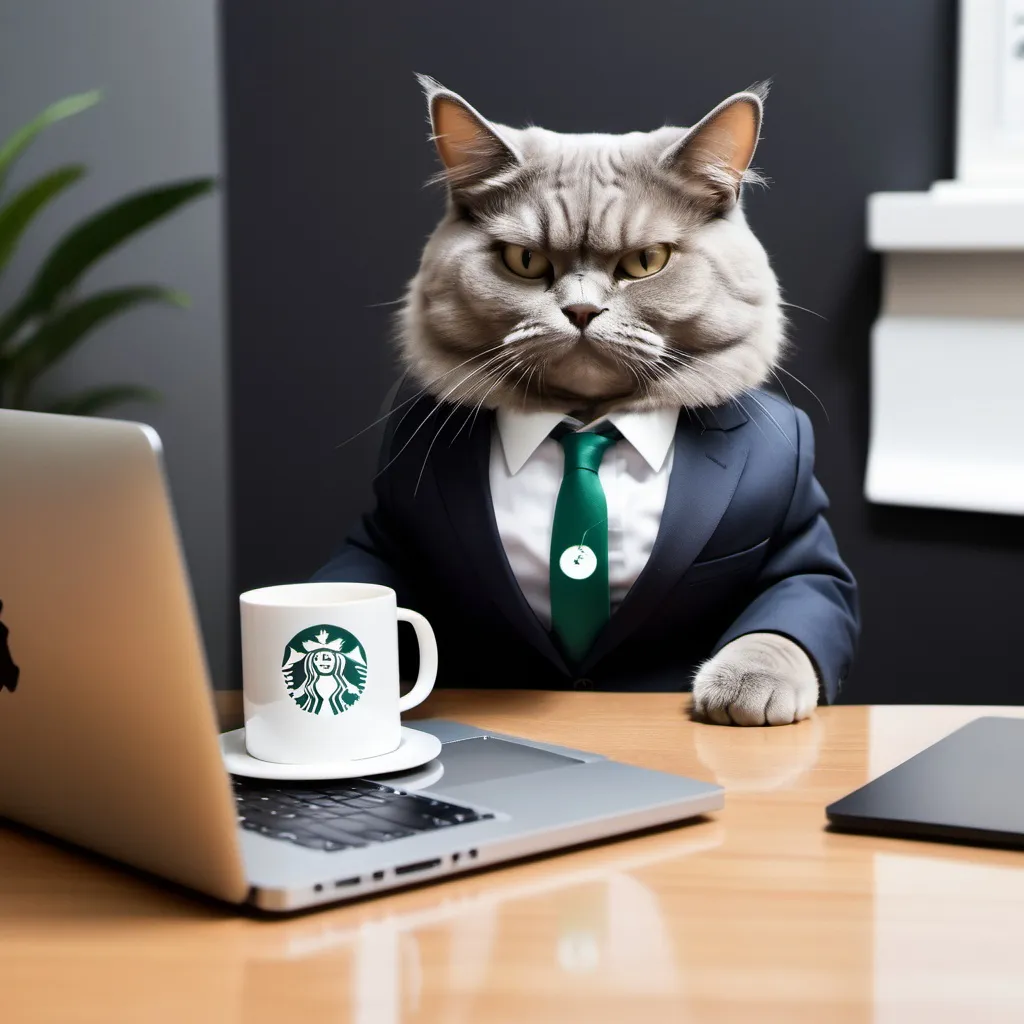 Prompt: A cat  wearing  suit sitting on a disc like a boss with starbucks mug on the disk next to MacBook 