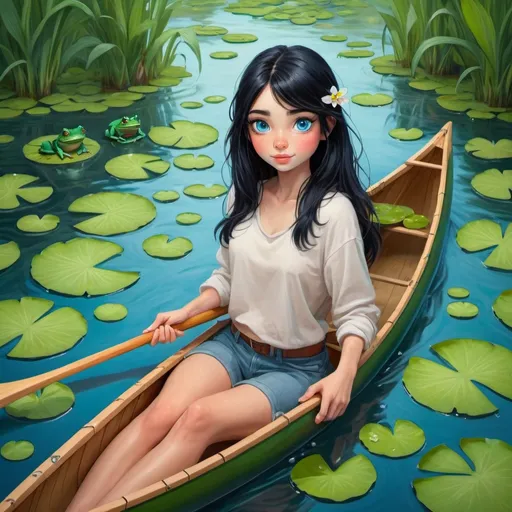 Prompt: Beautiful girl with black hair and blue eyes floating in a canoe on the river surrounded by frogs sitting on lillypads.