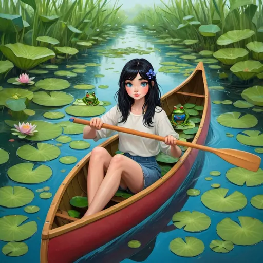 Prompt: Beautiful girl with black hair and blue eyes floating in a canoe on the river surrounded by frogs sitting on lillypads.